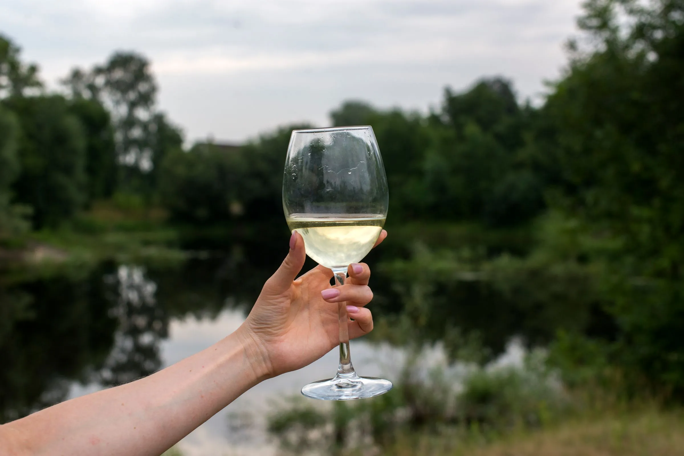 Copa de txakoli en alto con la ría de Urdaibai al fondo